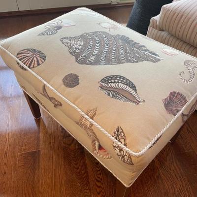 Charles Stewart Company custom Copper Ottoman, featuring seashell fabric and piping.  (24" H x 17"W x 17" D) 