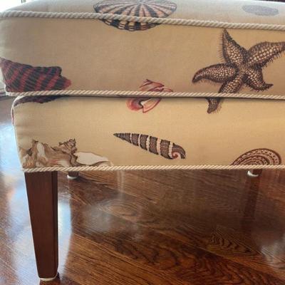 Charles Stewart Company custom Copper Ottoman, featuring seashell fabric and piping.  (24" H x 17"W x 17" D) 