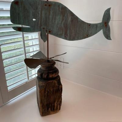 Whale Whirligig in Copper on driftwood base adds the most whimsical touch to your home.  