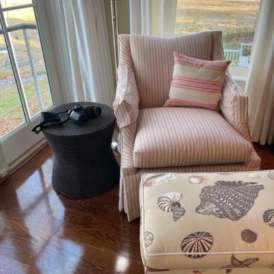 Charles Stewart Company Copper Lounge Striped Chair (2 available). Traditional styles, roll arm upholstered skirted swivel chair....