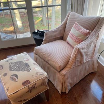 Charles Stewart Company Copper Lounge Striped Chair (2 available). Traditional styles, roll arm upholstered skirted swivel chair....