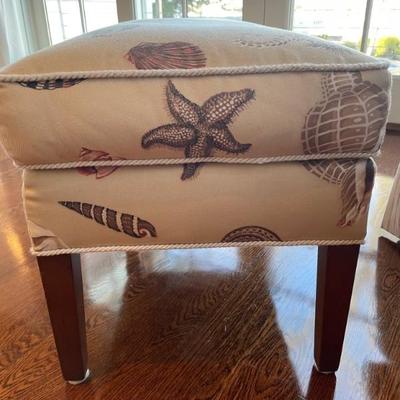 Charles Stewart Company custom Copper Ottoman, featuring seashell fabric and piping.  (24" H x 17"W x 17" D) 