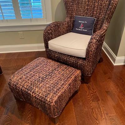 Pottery Barn Seagrass Wingback and Ottoman Set: Incredibly durable and is ideal for relaxed living spaces. (Chair: 29.5" w x...