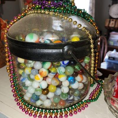 Vintage kerosene jar, vintage marbles