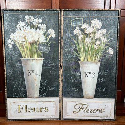 (2pc) FLOWER PRINTS  |  
French-themed flower art on canvas in distressed wood frames - w. 15 1-2 x h. 31 1/4 in.