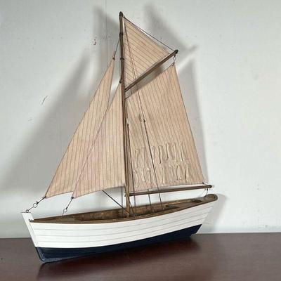MODEL SHIP  |  
Blue and white wood model ship - l. 23 x h. 27 1/4 in.