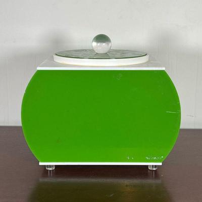 MID CENTURY ICE BUCKET  |  
Green Bucket Brigade ice bucket with lucite feet and finial, with original lucite tongs
