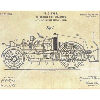 FIRE ENGINE PATENT PRINT  |  
Reproduction print of H. G. Farr Automobile Fire Apparatus patent, in a black frame - w. 12 x h. 10 in.