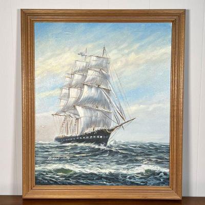 SEASCAPE SHIP PAINTING  |  
Oil on canvas, signed lower left Roger More - w. 23 x h. 27 1/4 in.
