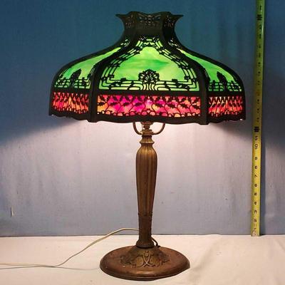 1920s Edward Miller EM & Co Lamp Co Two Tone Caged Slag Glass Shade Table Lamp