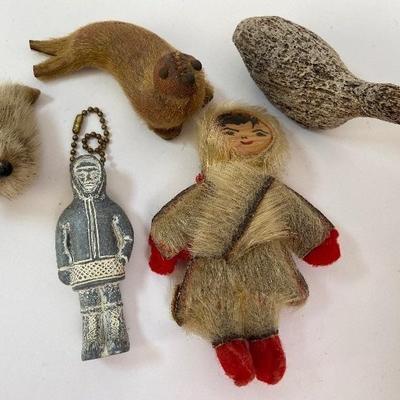 Vintage Seal Skin / Fur Figurines, Porous Material Duck and Plastic Soapstone Replica Eskimo Keychain Figurine
