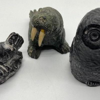 Edmund Wolf Original Soapstone Carvings - Seal Pup, Walrus with Fine Tusks and Mother Owl with Baby
