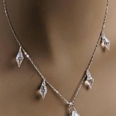 Vintage Bolo-Style Catchless Crystal Necklace on Silver Tone Chain
