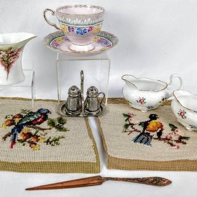 Pretty Pieces! Vintage China, World Fair S&P, Copper Letter Opener, and Needlepoint Birds
