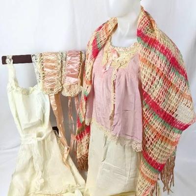 9 Antique Nightwear/Lingerie and Other Items: Garters, Night Dresses and Caps, Apron, JW Robinson Shawl
