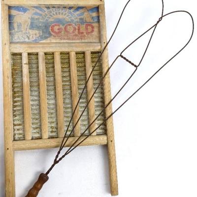 Antique Rug Beater with Gold Brand Washboard
