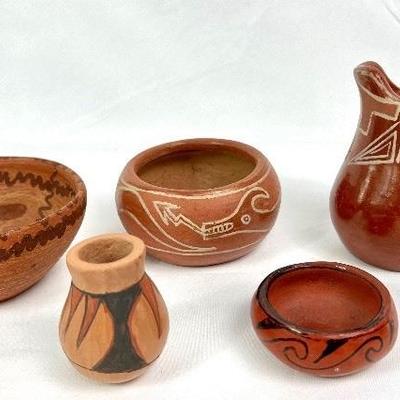 Five Assorted Red Clay Native Vessels - Two From Sant Clara Pueblo
