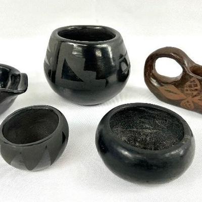 Five Native Black/Brown Pottery Pieces, Santa Clara Pueblo
