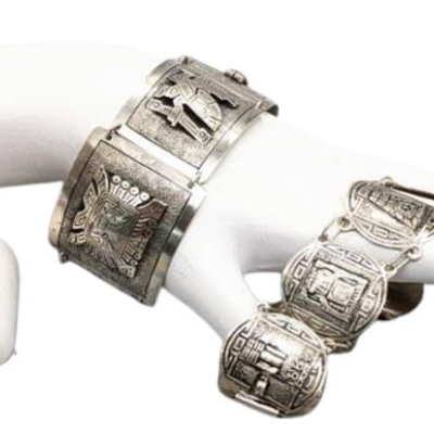 Vintage Sterling Silver Jewelry! Aztec-Style Bracelets & Onyx Earrings
