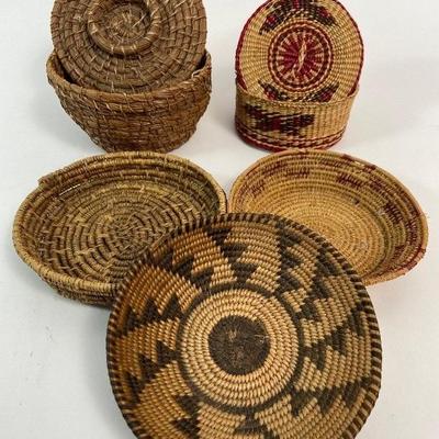 Vintage Covered Woven Grass / Rattan Baskets & Small Woven Bowls
