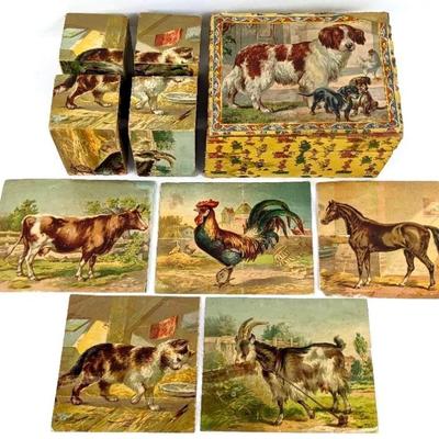 Antique Wood Lithographed 4-Block Play Set of Farm Animals with Six Picture Guides
