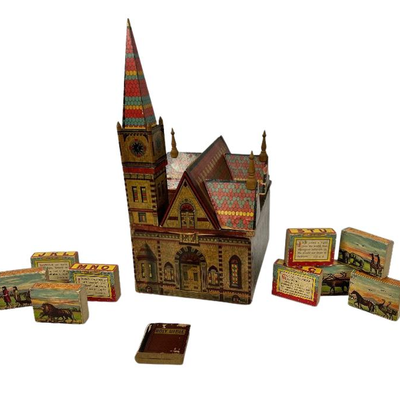 RARE Antique Reeds Paper Litho Cathedral w/ Sunday Wood Blocks Toy c.1882