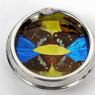 Midcentury Real Butterfly Wing Personal Round Ashtray on Chrome Base
