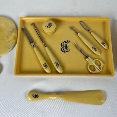 Antique Ivoroyd Celluloid Dressing Tray with Beauty Tools