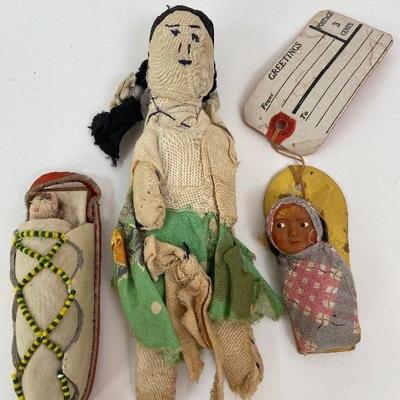 Rare Early Native American Hand Made Doll & 2 Papooses w/ Babies (1 Skookum)
