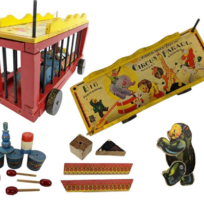 1932 Fisher Price Circus Parade Wagon, Bear, and Stunt Props
