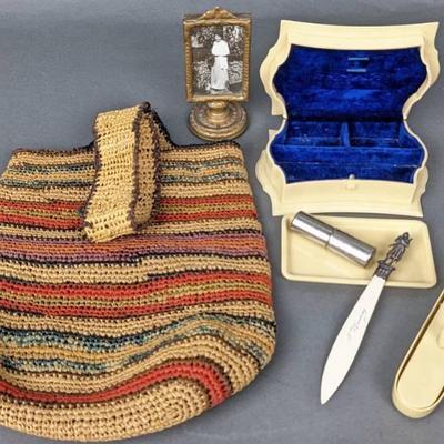 Vintage Dresser Set, Weave Bag: 3 Celluloid Vanity Items, Paris Letter Opener , Picture and Lipstick Holders
