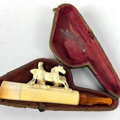 Antique Carved Meershaum Cheroot Holder in Original Case w/ Horse Motif