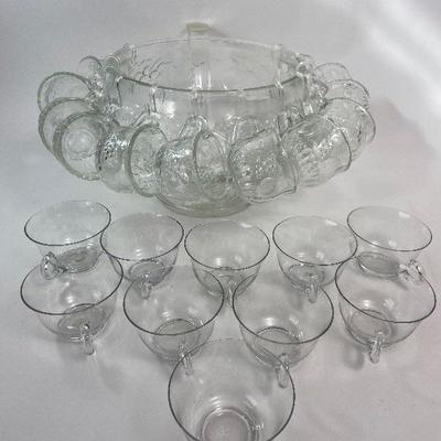 Vintage 1960's Glass Punch Bowl with Punch Cups & Hangers- Jeanette Glass Company
