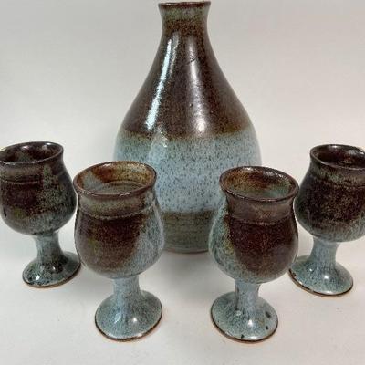 Studio Pottery Wine Carafe and Four Small Wine Cups
