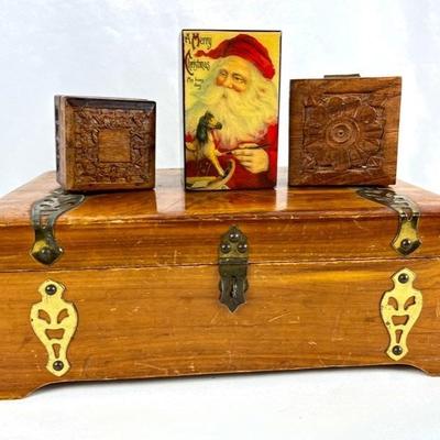 Ornate Vintage Wood Boxes & Enesco Santa Music Box
