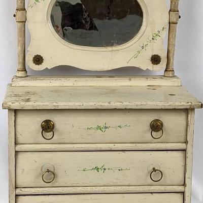 1920s Child or Doll Wood Chest of Drawers with Mirror - 23 Inches High
