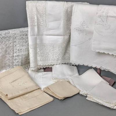 Lot of Vintage Square Tablecloths and Napkins - Madeira and Whitework Fine Linens and Lace
