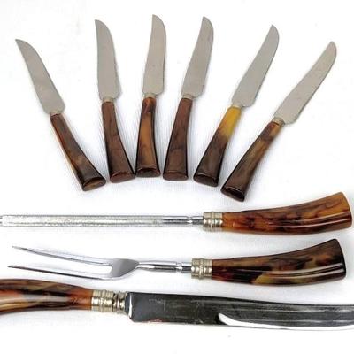 Sheffield England 9-Piece Horn Handle Steak Knife and Carving Set
