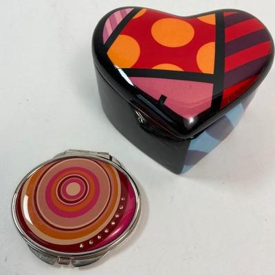 Romero Britto Heart Shaped Trinket Box - Ceramic with removable lid & Colorful Compact
