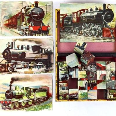 Antique Wooden Lithographed Blocks Set of Locomotives with Five Guides
