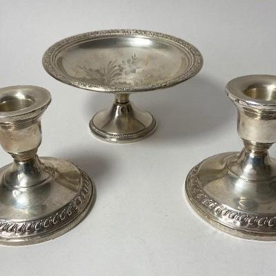 Vintage Sterling Silver Compote and Two Weighted Sterling Candlestick Holders
