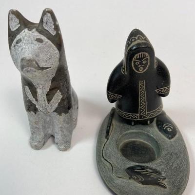 Signed and Inscribed Inuit Stone Figures - Ice Fisherman 1967 & Husky
