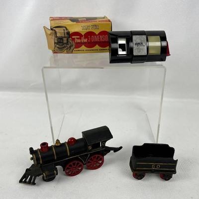 Vintage Cast Iron Train & Coal Car, and Tru-Vue Viewer
