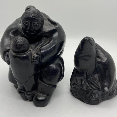Edmund Wolf Original Soapstone Carvings - Mother with Two Babies and Seal with Pup
