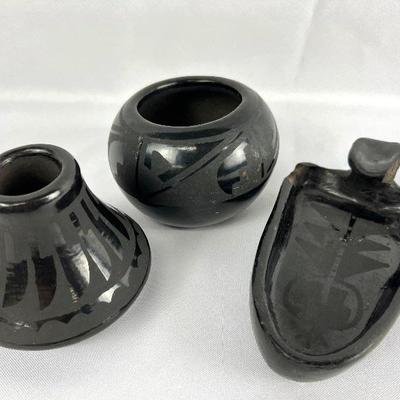 Three Black-On-Black Native Clay Pottery Vessels - Santa Clara Pueblo - One signed 