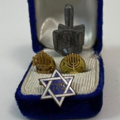 Judaica - Collection of Tiny Tie Tacks, Star of David, Menorah, Dreidel, Mezuzah
