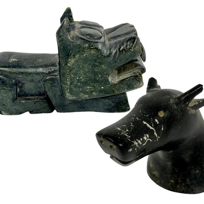 Pair Vintage Hand Carved Greenland & Canadian Inuit Serpentine Stone Tupilak & Caribou
