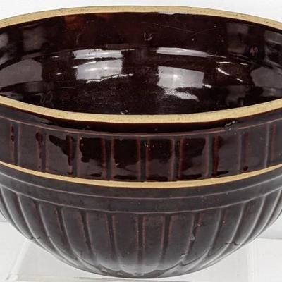 Vintage Brown Ribbed Stoneware Bowl Marked USA 9 IN
