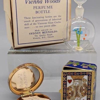 Playing Card Cloisonne Box / Vienna Woods Boxed Perfume Bottle / Helena Rubenstein Mirrored Compact
