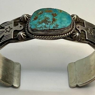 Stunning Large Cuff Navajo Sterling and Turquoise Bracelet by F. Charley Kingman